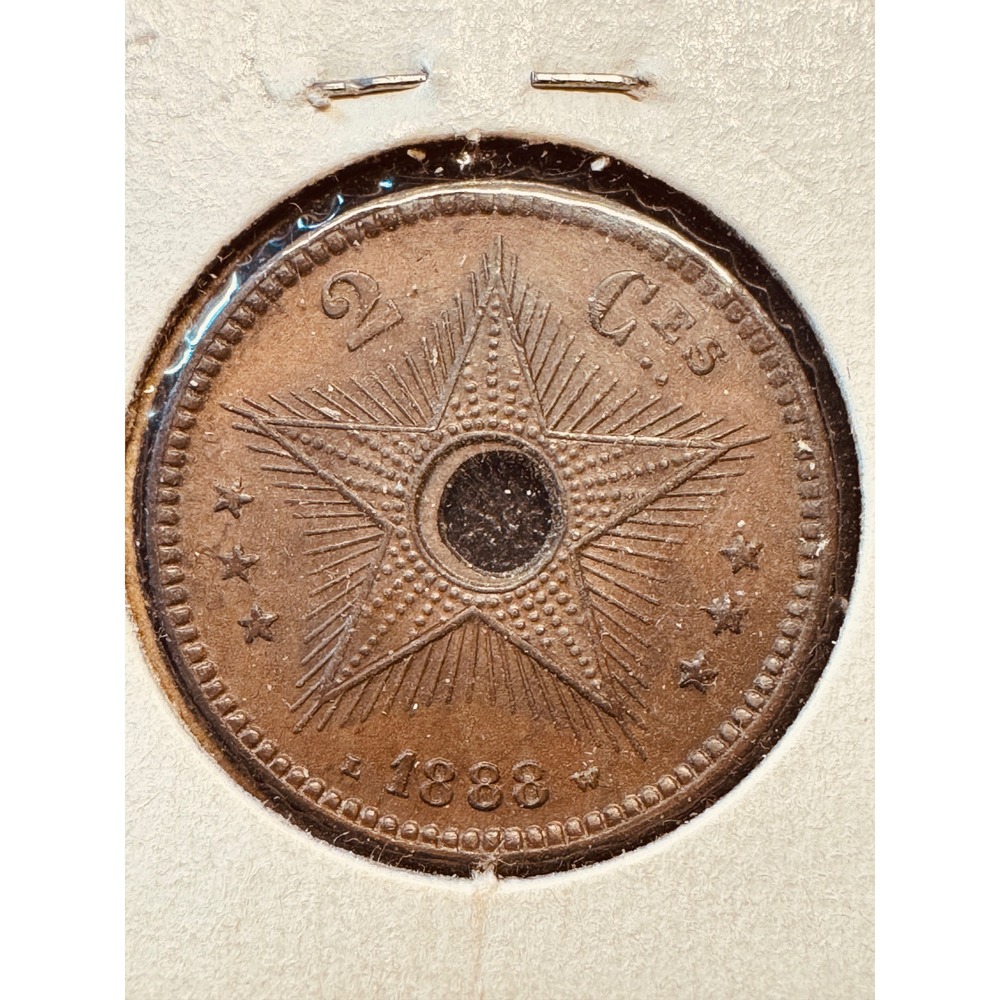 1888 Belgian Congo 2 Centimes Coin Leopold II Free State Copper Hole Scarce Rare